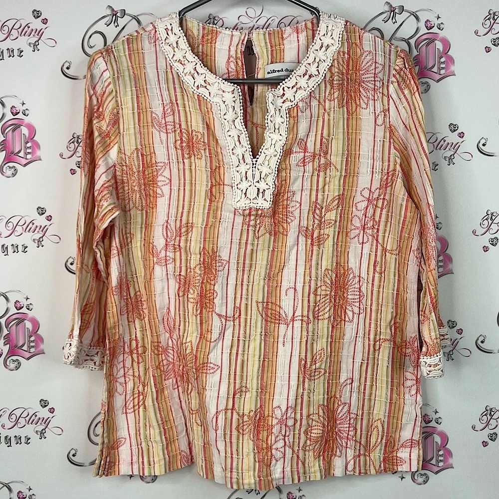 Alfred Dunner shirt crochet flowers Floral Striped Blouse with Lace Trim